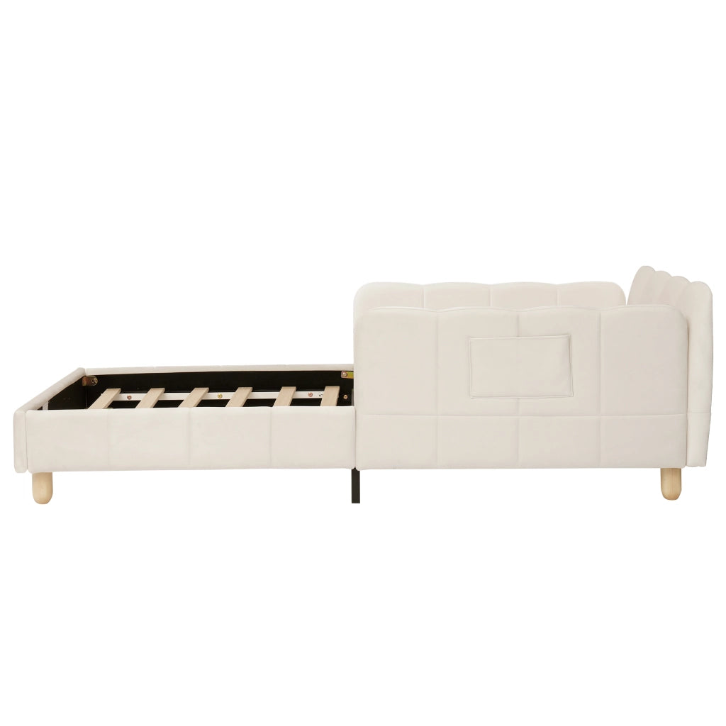Letto divano per bambini 90x200 cm imbottito con testiera; sponda anticaduta e piedi in legno massello; velluto beige