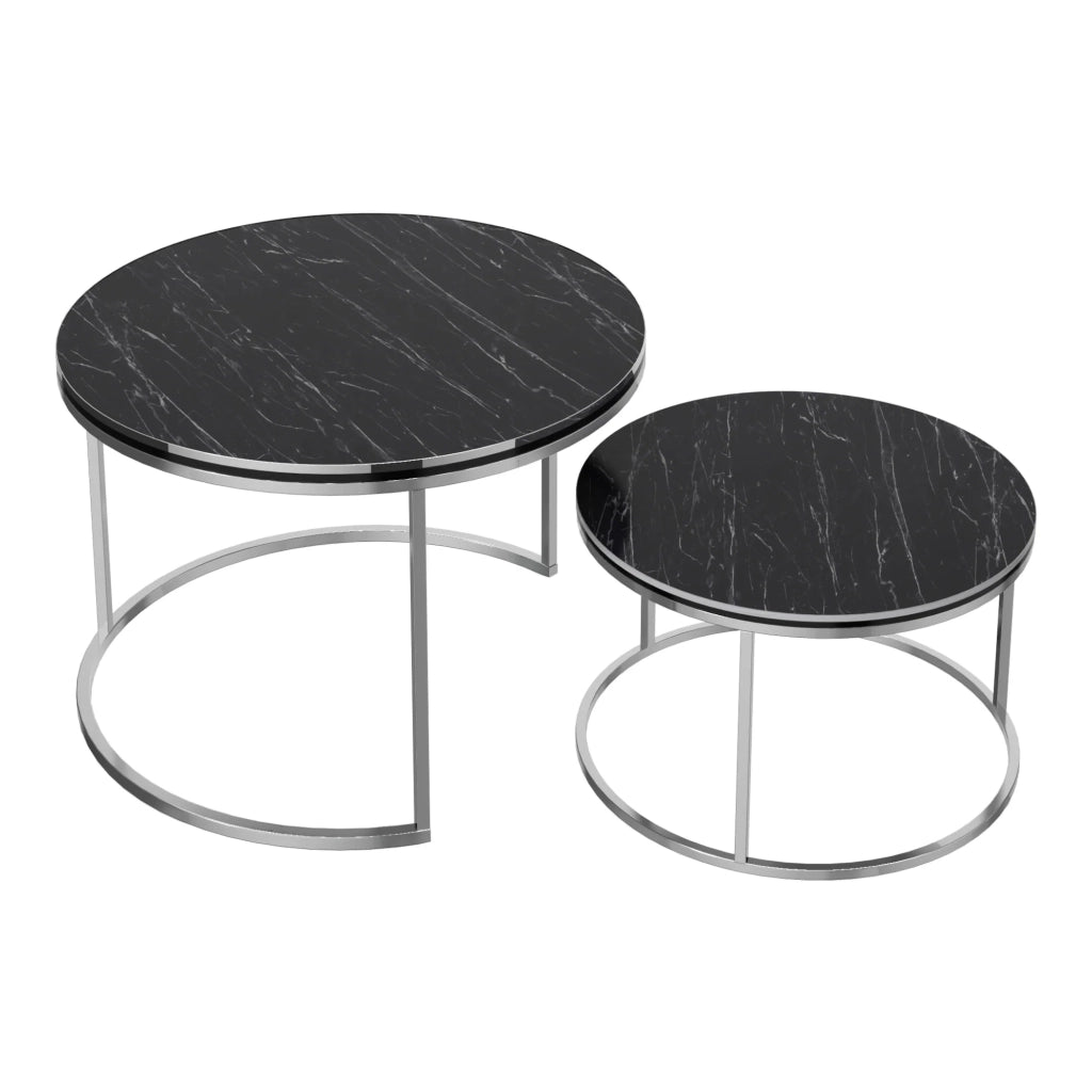 Set di 2 tavolini rotondi impilabili in marmo nero e argento 03_0008371