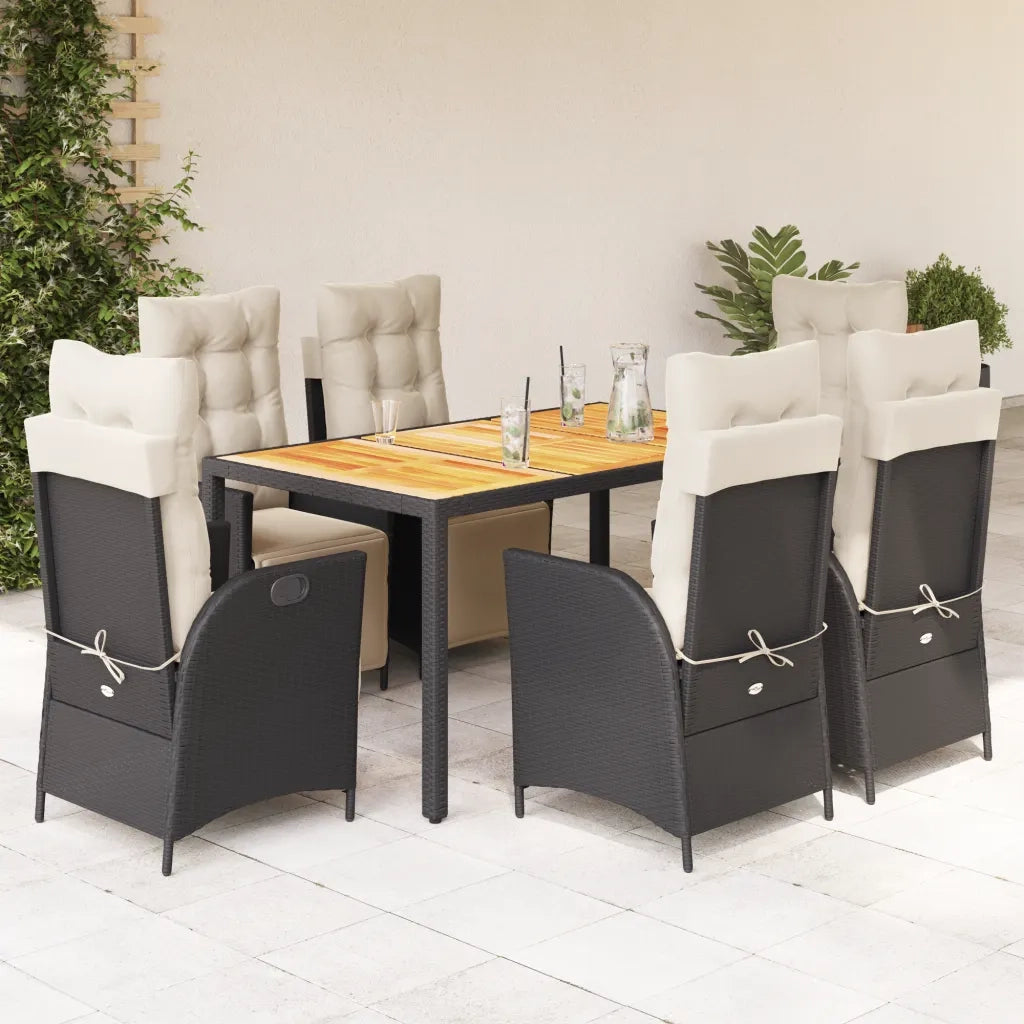 Set da Pranzo da Giardino 7 pz Nero con Cuscini in Polyrattan