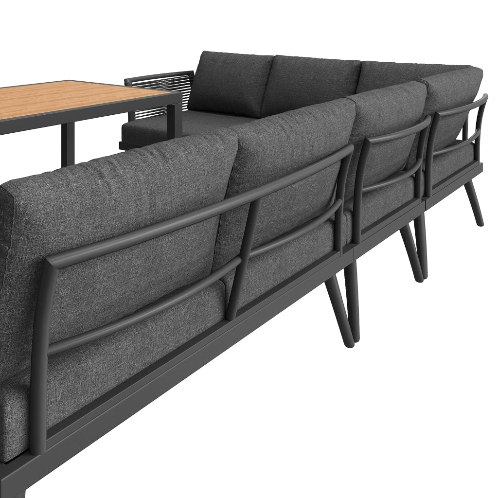 Set lounge da giardino a 7 posti modulare in ferro grigio con tavolino in legno plastico e cuscini sfoderabili