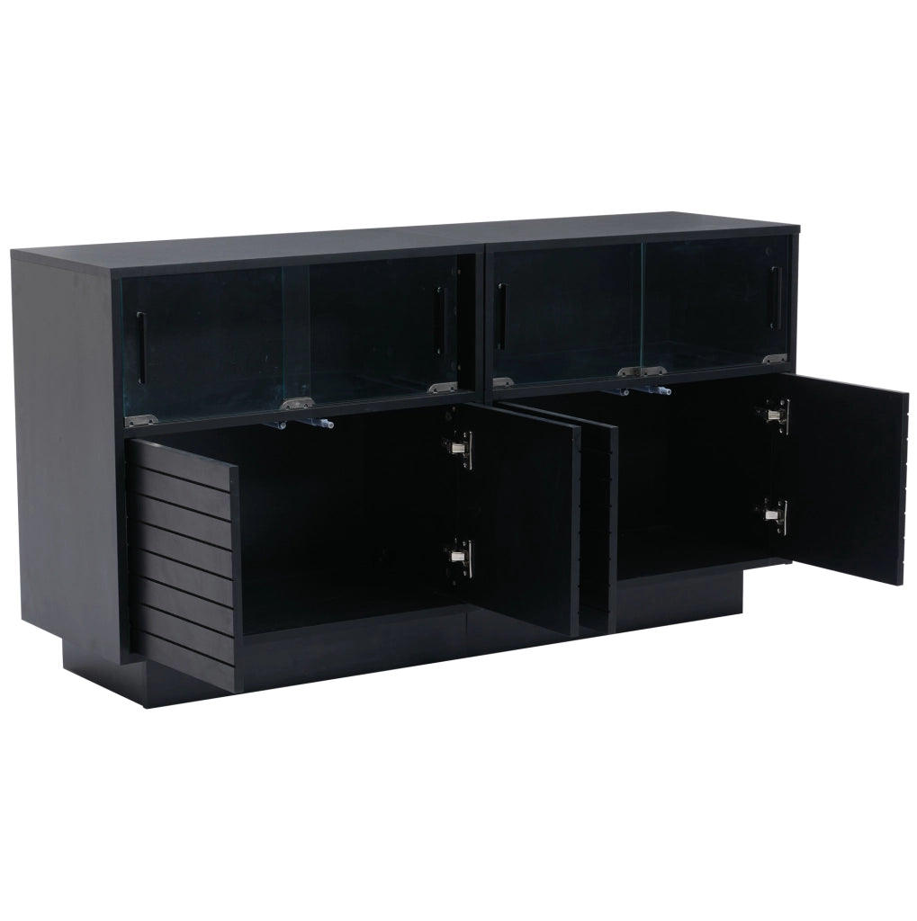 Credenza 130x35x68 cm con LED e ante scorrevoli in vetro; truciolato e vetro temperato nero