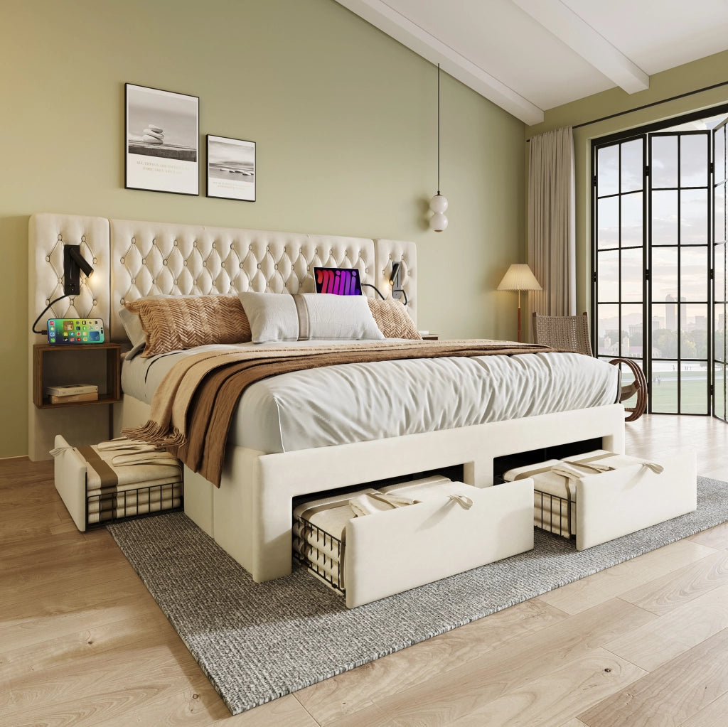 Letto matrimoniale imbottito 180x200 cm con comodini, cassetti e luci LED
