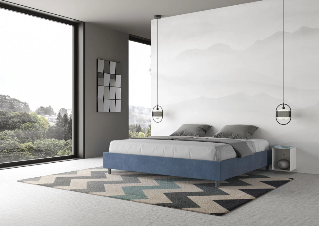 BS COM Letto matrimoniale king size con rete imbottito 200x210 microfibra blu