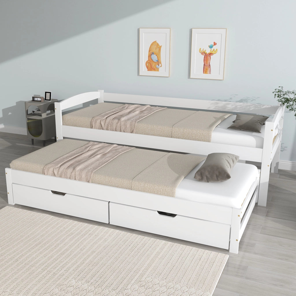 Letto a scomparsa con ruote - Zephmum- 2 cassetti MDF, telaio in legno massello, bianco (200x90/190x90cm)