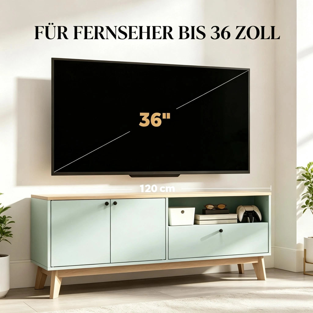 Mobile porta TV da 120 cm, adatto a televisori fino a 36 pollici con 2 ante, cassetto e vano a giorno (solo con 1 mobile porta TV).