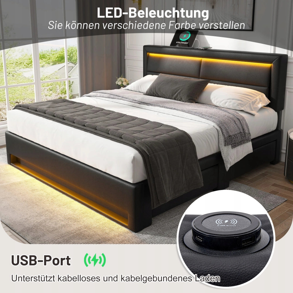 Letto imbottito 140x200 nero - Xylo - USB e LED