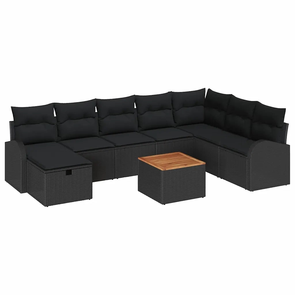 Set Divano da Giardino con cuscino 9 pcs Nero Poly Rattan