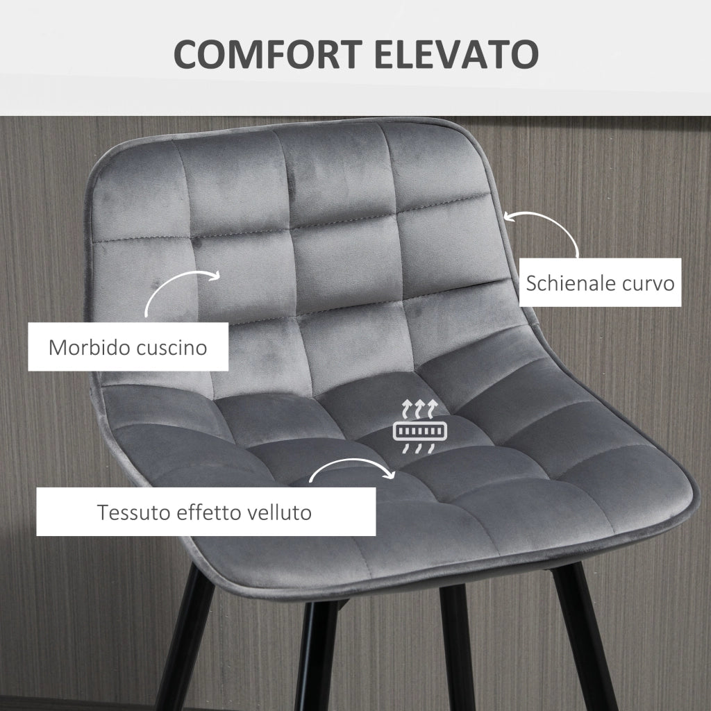Sgabello Alto Nordico con Schienale ¨C Xylo ¨C Tessuto Effetto Velluto Grigio e Metallo 45x47x88 cm