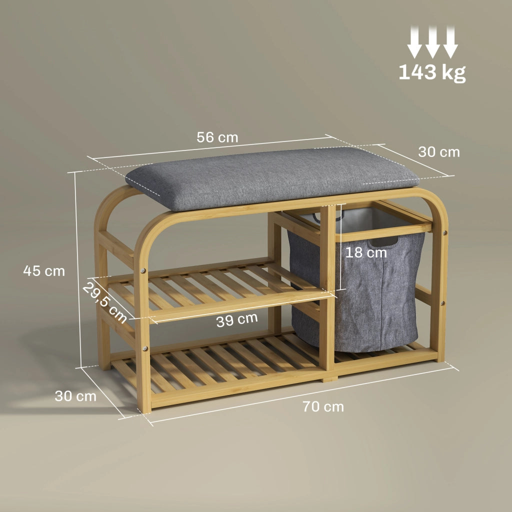 Panca portascarpe con cuscino ¨C Xylo ¨C legno naturale, 2 ripiani e cestino, 70x30x45cm