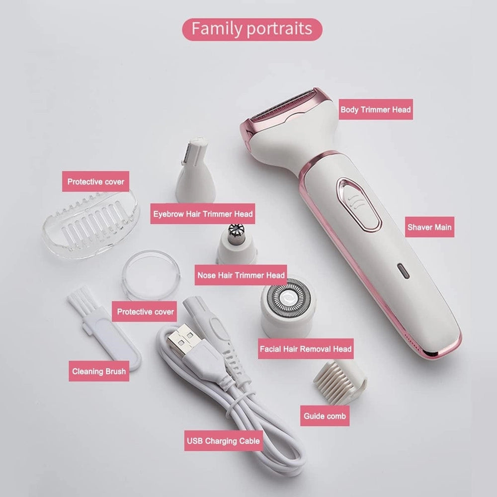 Trade Shop - Set Rasoio Elettrico Da Donna Per Corpo Viso Naso Indolore Ricaricabile Portatile 4in1 -