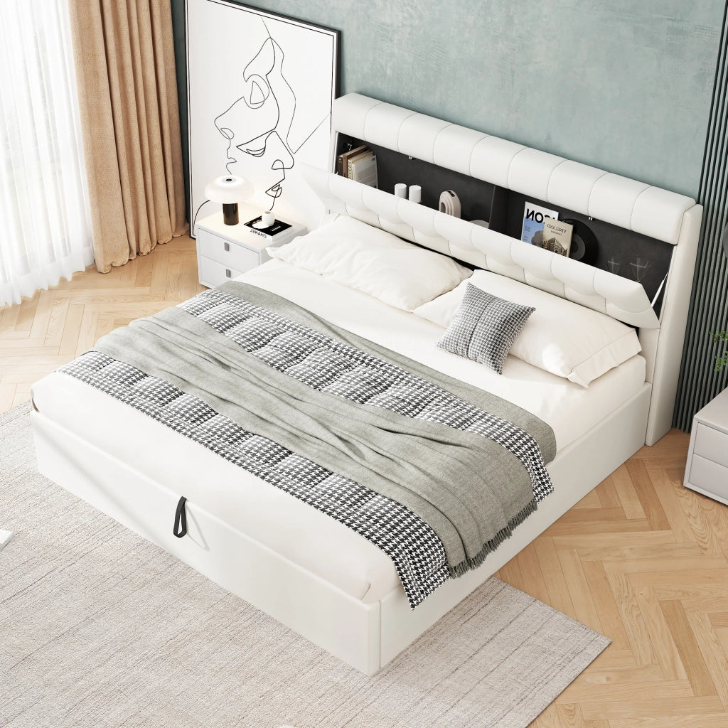 Letto imbottito con contenitore idraulico e testiera con vano nascosto; rivestimento in PU bianco; 160x200 cm; senza materasso