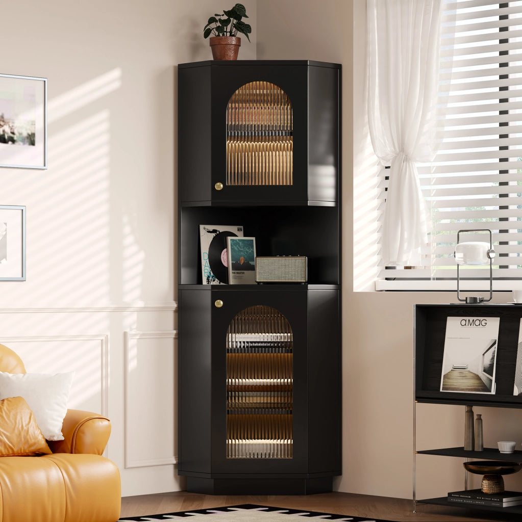 Mobile da bagno angolare con vano aperto e barra luminosa in MDF nero