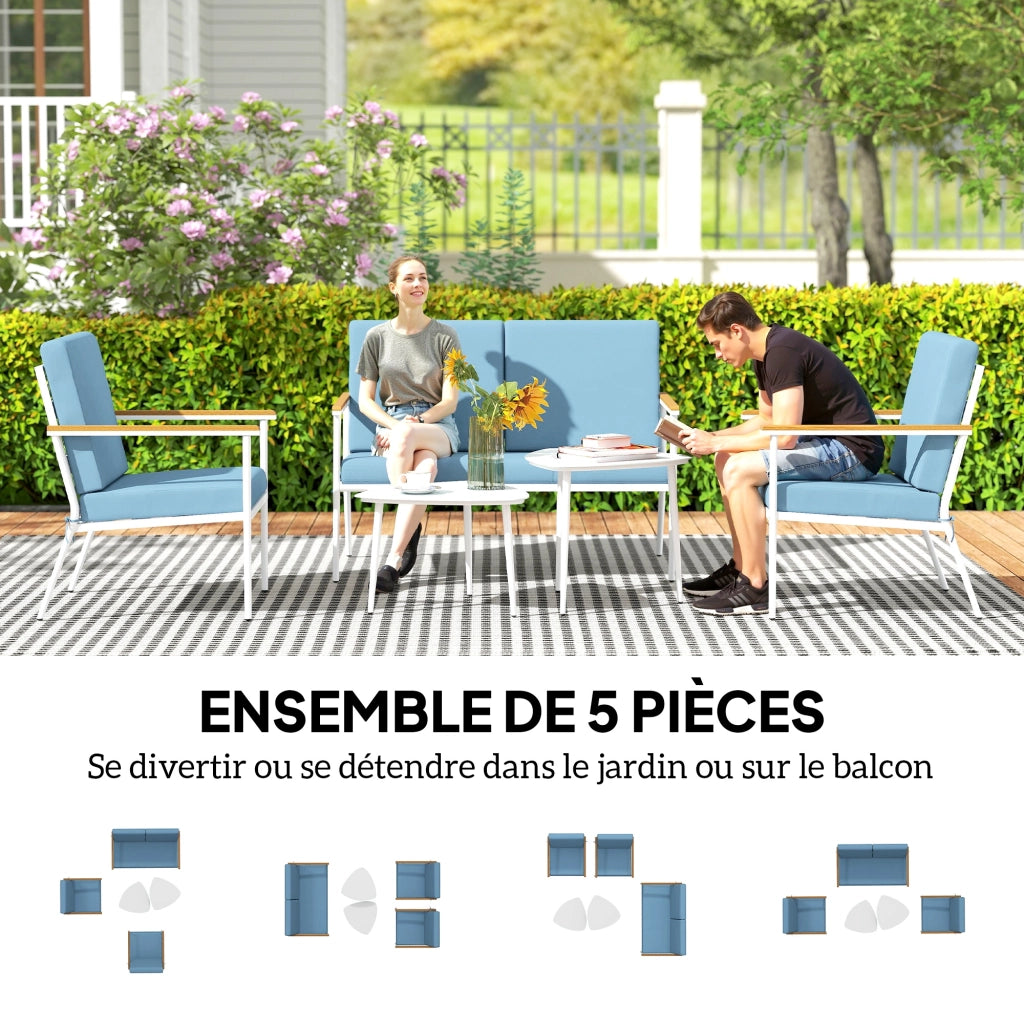 Set giardino 5 pezzi con divano, 2 poltrone e 2 tavolini ¨C Minimal ¨C blu chiaro