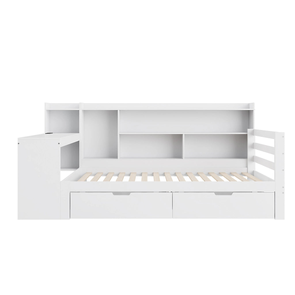 Letto singolo salvaspazio 90×200 cm con scrivania; libreria; cassetti; prese USB; senza materasso; legno; bianco