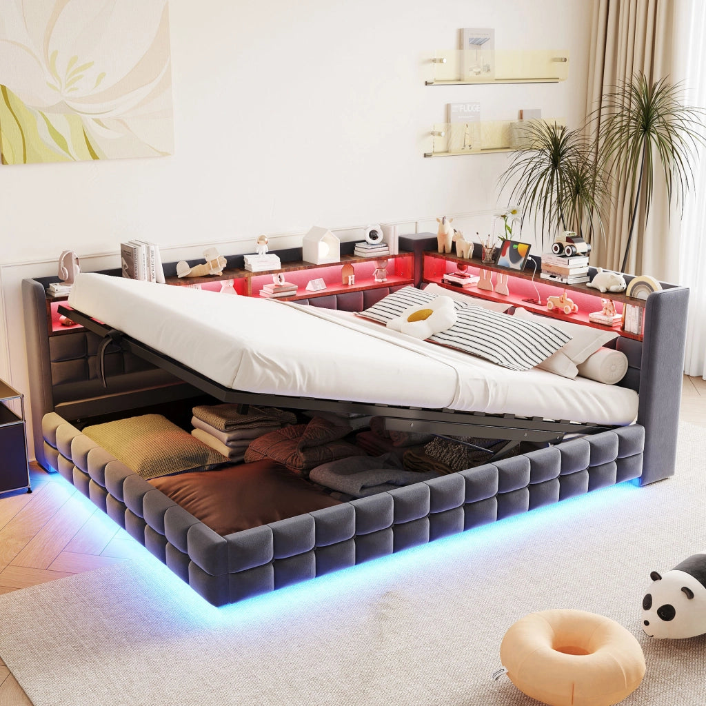 DESMIU Letto imbottito 140 × 200 cm 2 posti con contenitore, USB, Type-C, LED, senza materasso, grigio