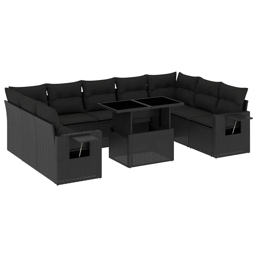 Set Divani da Giardino 10pz con Cuscini in Polyrattan Nero