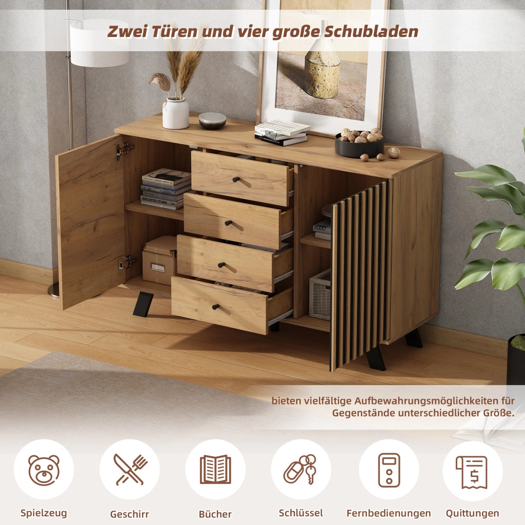 CREDENZA 120x38x75 cm MDF Nero e Legno con 4 Cassetti e 2 Ante