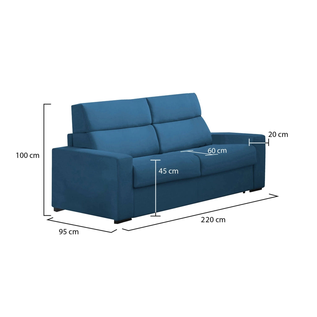 Ozegna, Divano Fisso 3 Posti Sfoderabile Made in Italy, 220x95 cm blu