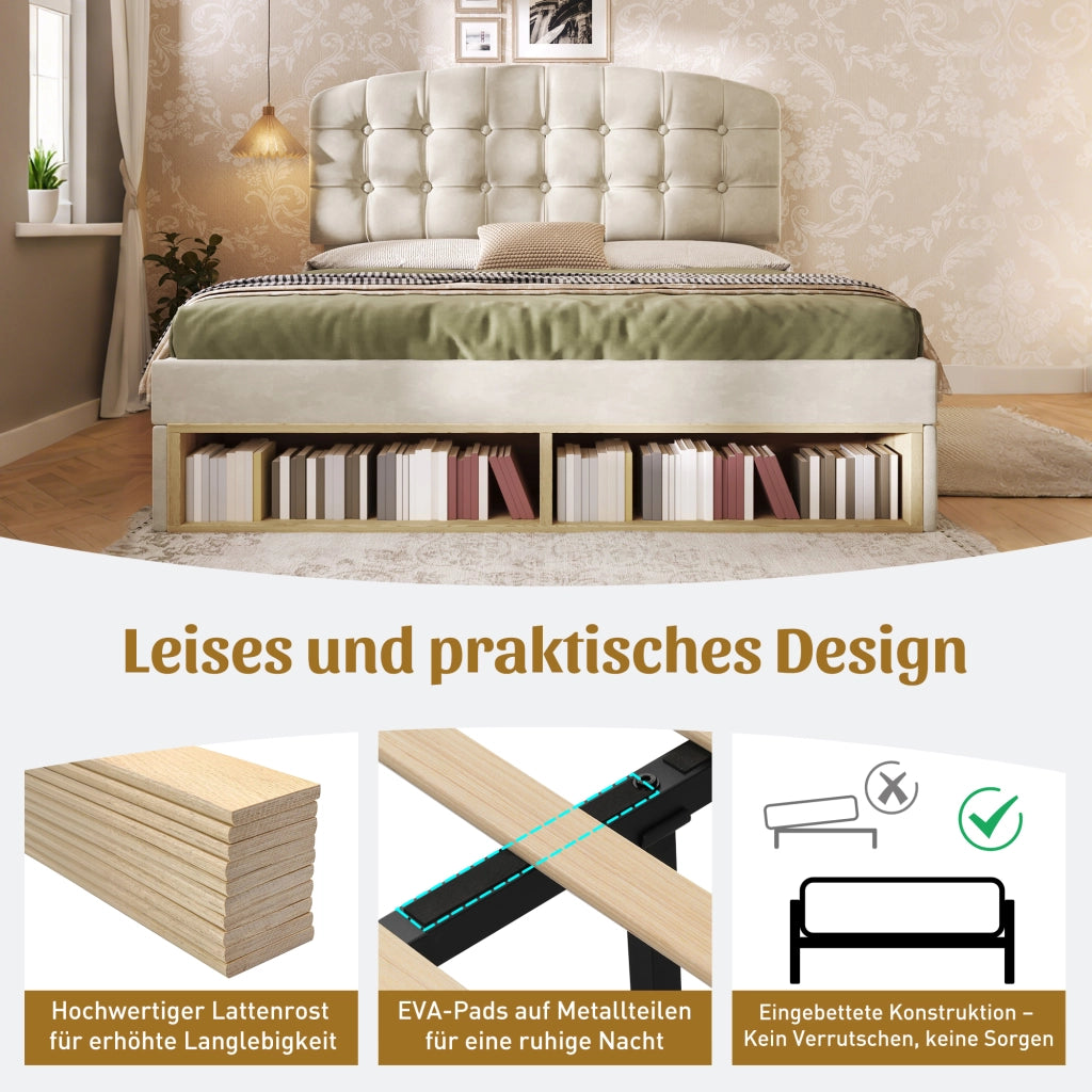 DESMIU Letto matrimoniale 140 × 200 cm 2 posti con testiera regolabile, cassetti e contenitore, senza materasso, beige