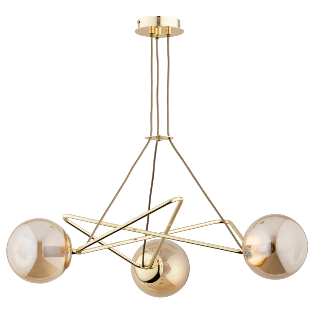 Lampada a sospensione Tristan oro, 3 sfere ambra E14