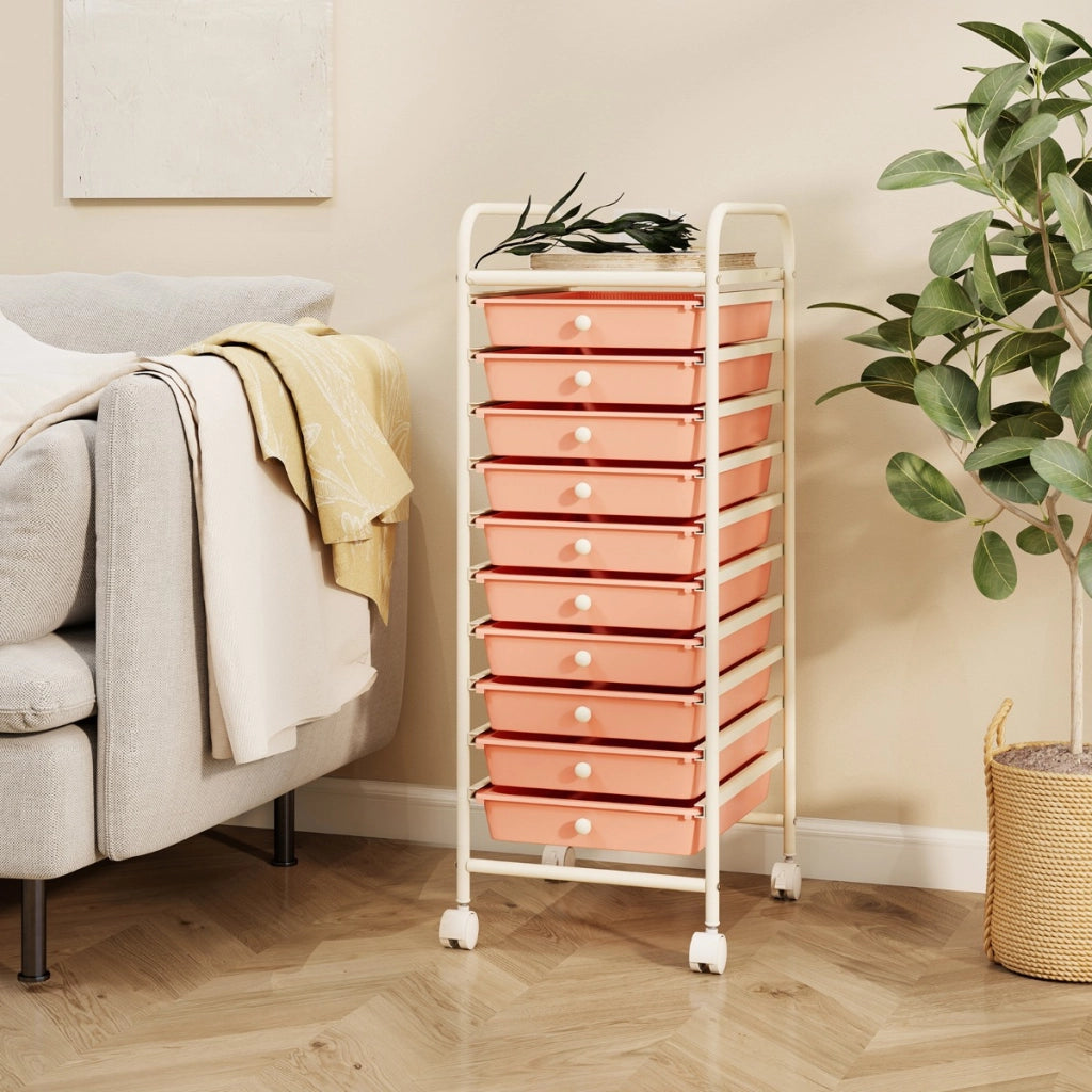 Carrello cassettiera multiuso con 10 cassetti da cucina, Contenitore con ruote a 10 ripiani per bagno Oro rosa