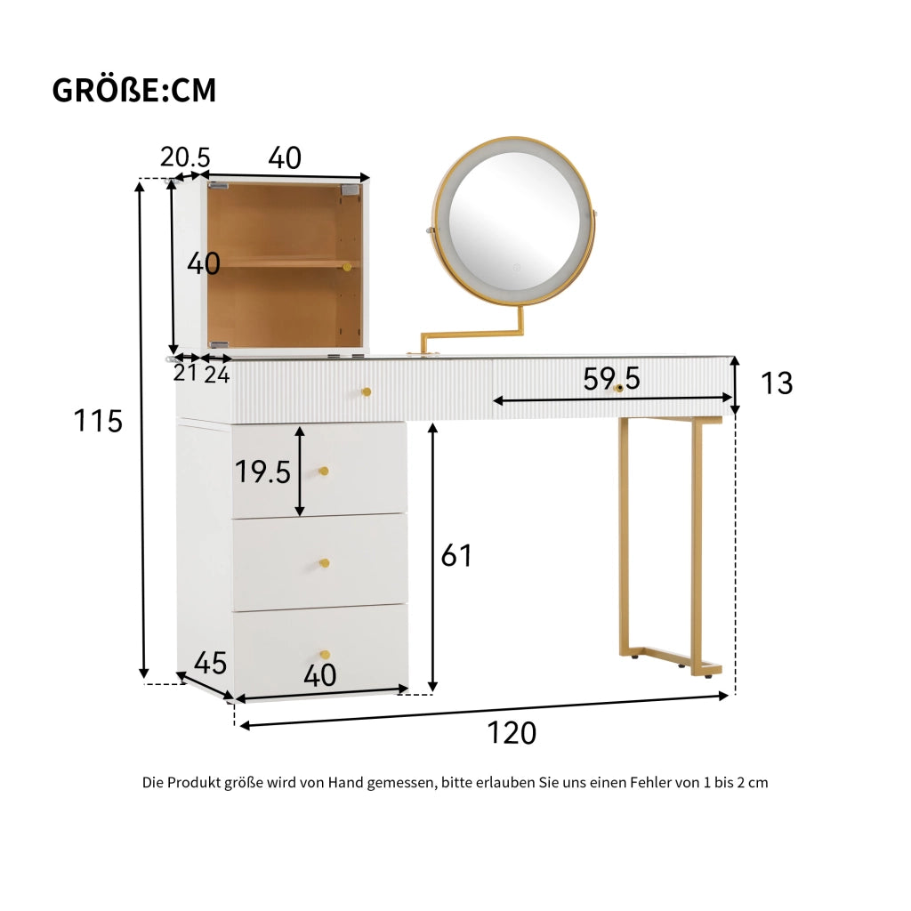 TAVOLO TOELETTA con specchio LED 120x45x115 cm Bianco e Oro