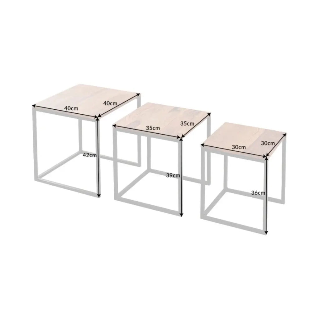 Tavolini bassi VORTEX in legno massiccio Sheesham e metallo nero – set di 3 tavoli quadrati stile industriale