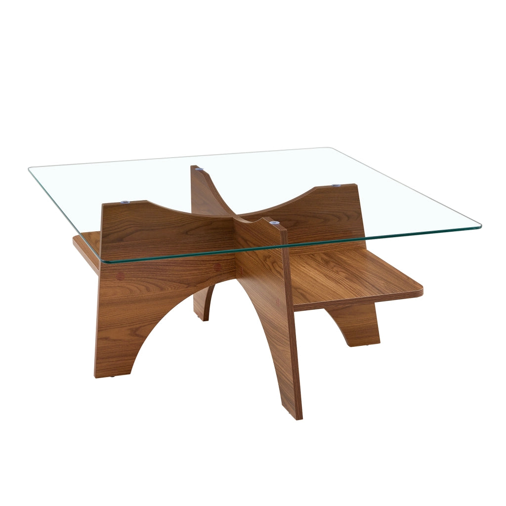 Tavolino quadrato in vetro di sicurezza 80 cm con struttura MDF effetto noce, portata 120 kg