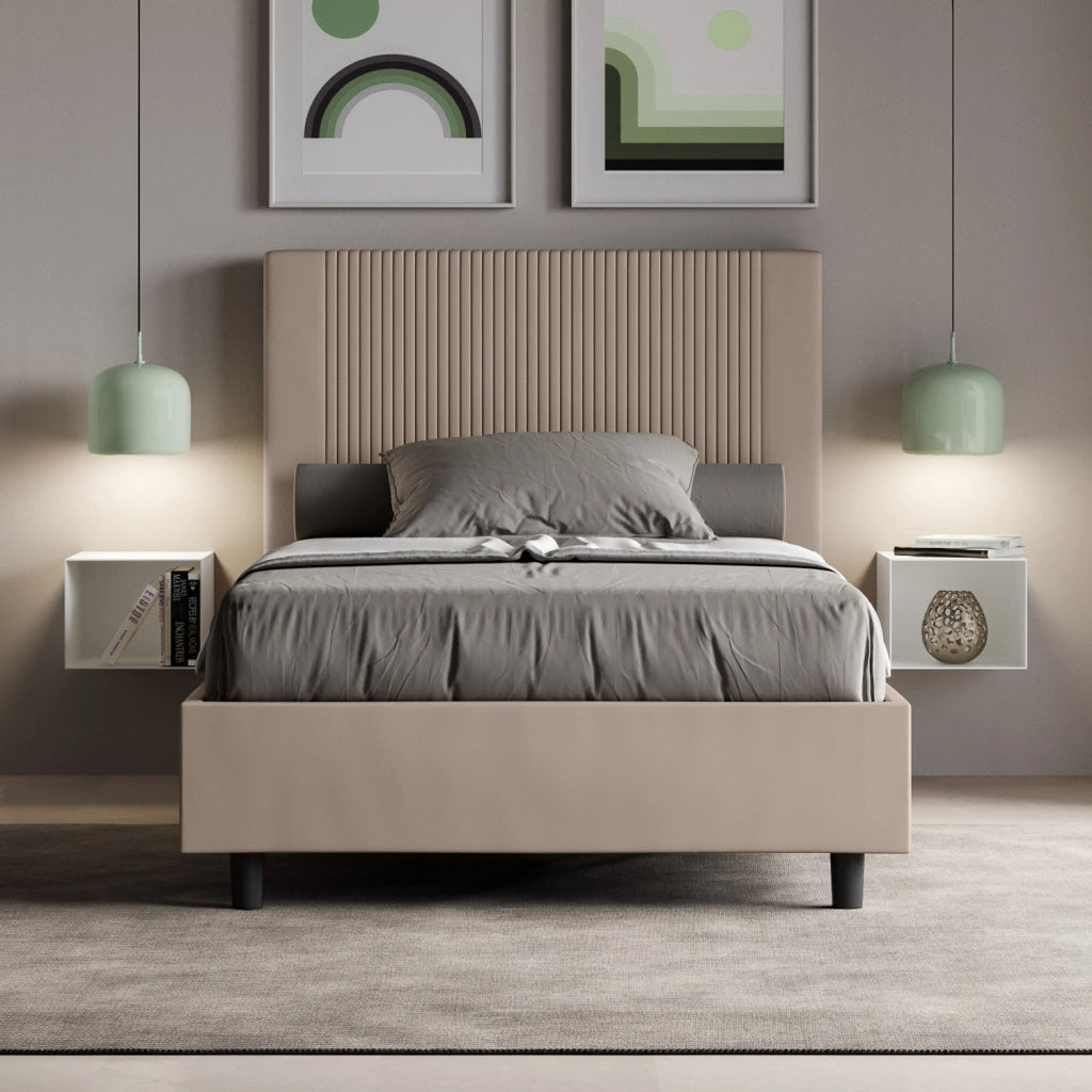 BS COM Letto una piazza e mezza con rete imbottito 130x200 similpelle tortora