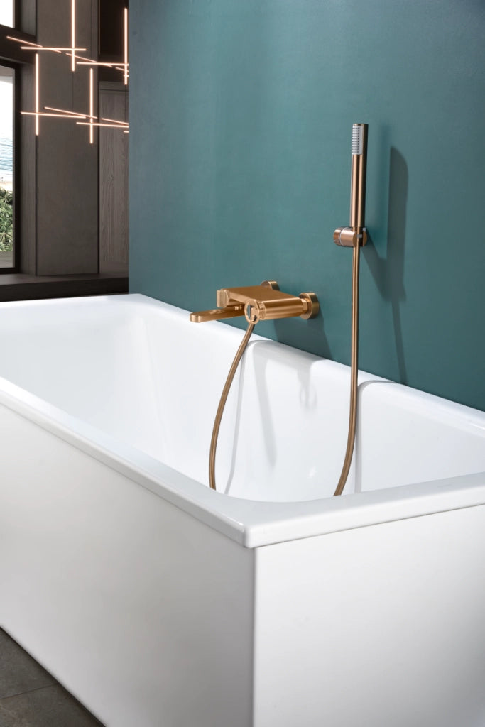 IMEX Set miscelatori monocomando vasca oro rosa in ottone e zama con tubo flessibile acciaio 180 cm doccetta tonda con supporto ABS cartuccia ceramica Ø35 mm Imex-BDC033-4ORC