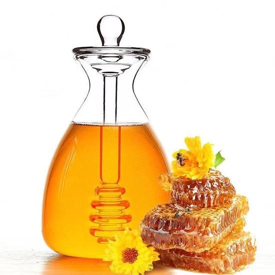 Honingpot in vetro con dosatore e coperchio. Adatto per uso in cucina, capacità 400 ml (14 oz).