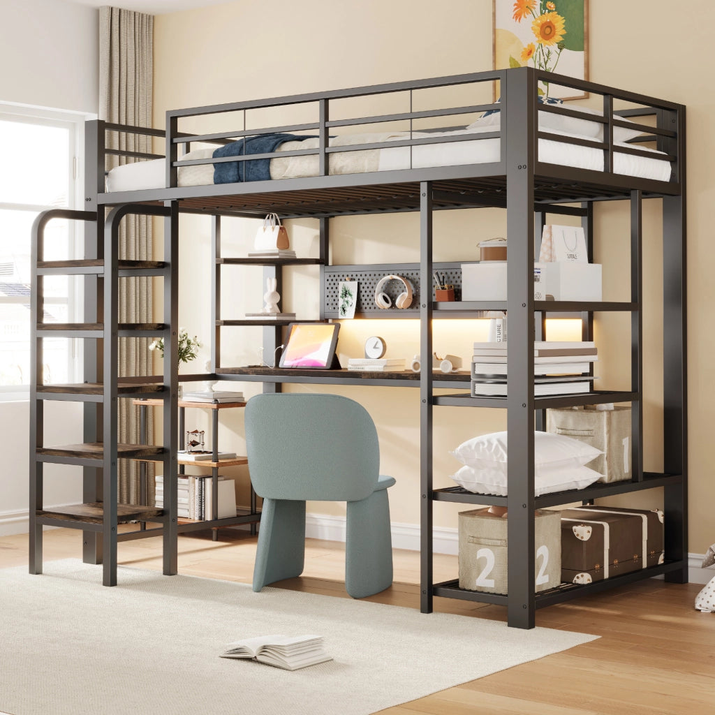 DESMIU Letto a soppalco 90 × 200 cm 1 piazza con scrivania, LED, prese e ripiani, senza materasso, in metallo, nero