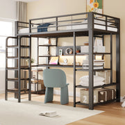 DESMIU Letto a soppalco 90 × 200 cm 1 piazza con scrivania, LED, prese e ripiani, senza materasso, in metallo, nero