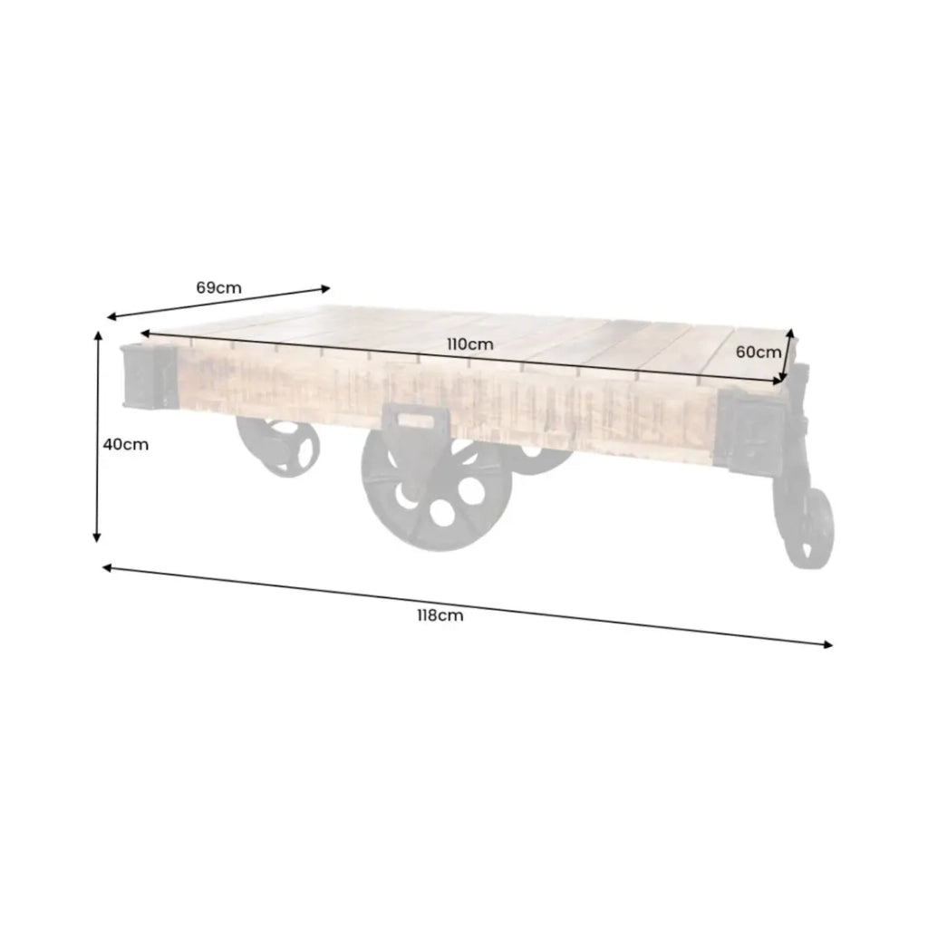 Tavolino basso RAIL industriale su ruote 110 cm – Legno di mango massiccio e metallo