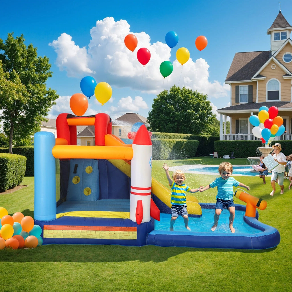 Castello Gonfiabile 5 in 1 con Scivolo Piscina e Cannone ad Acqua ¨C Xylo ¨C con Gonfiatore 550W