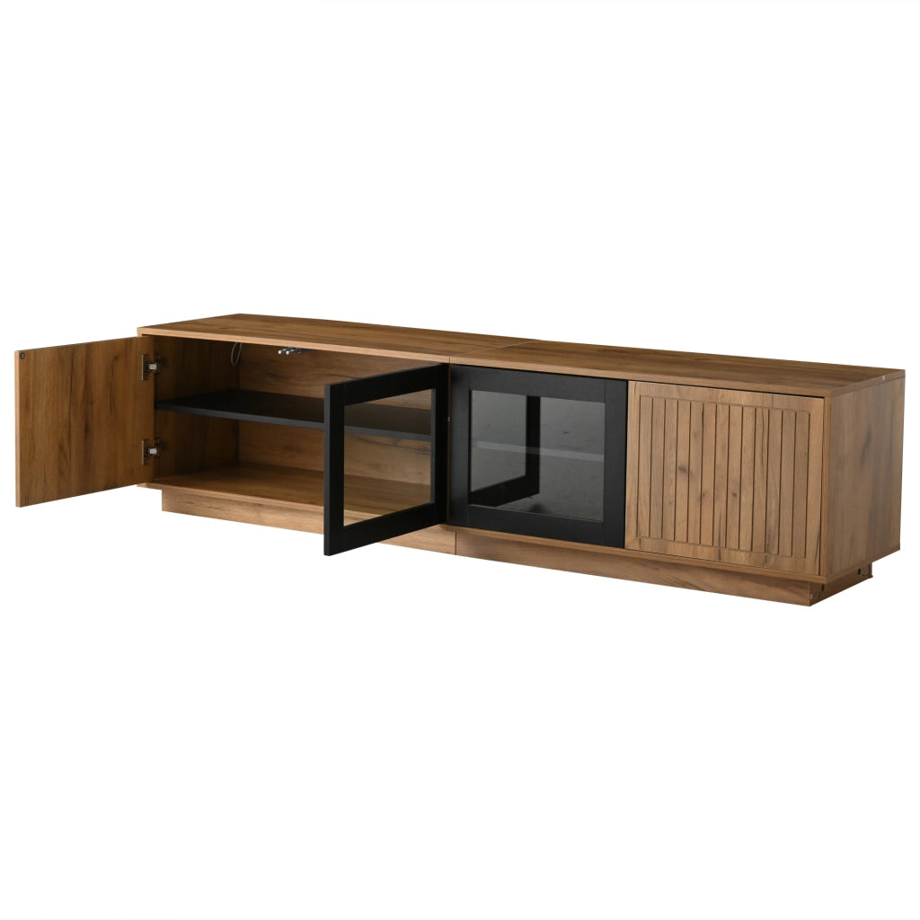 Mobile TV 180 x 40 x 45 cm in pannello truciolare, colore naturale e nero, con ante in vetro temperato e illuminazione LED