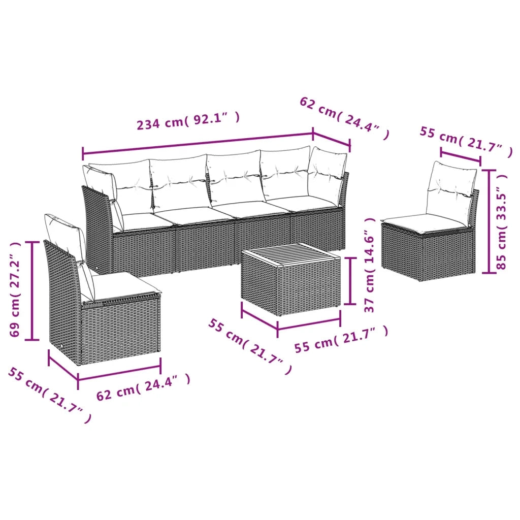 Set Divani da Giardino 7 pz con Cuscini Beige in Polyrattan