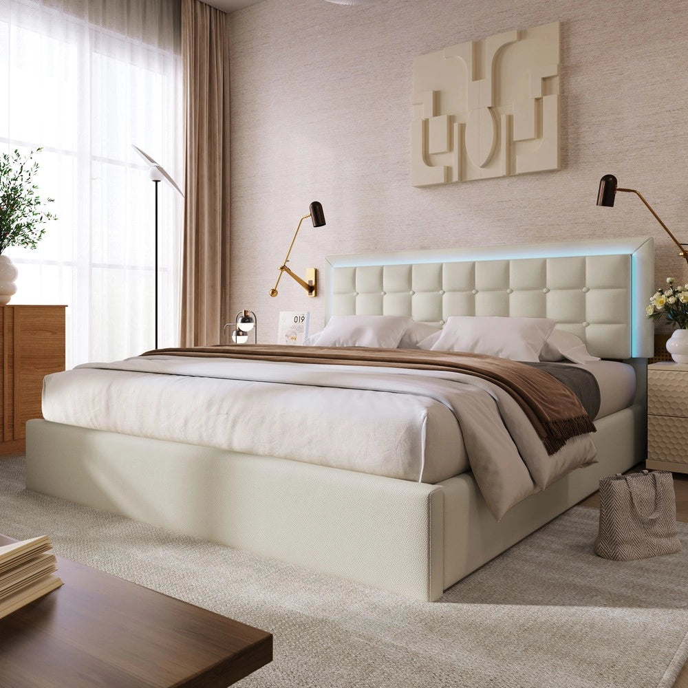Letto Contenitore Imbottito con LED ¨C Xylo ¨C Similpelle Bianco, 160x200, con Materasso