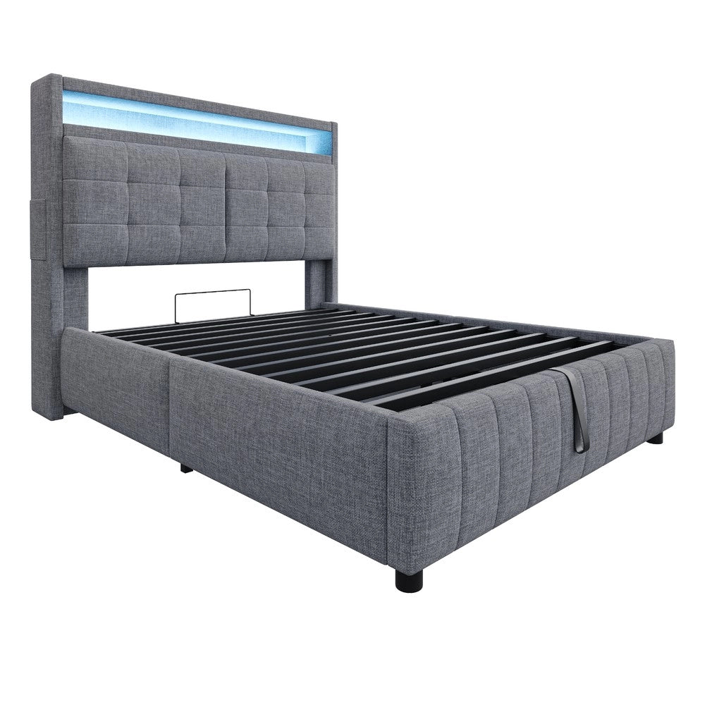 Letto Imbottito Contenitore 140x200 con LED ¨C Xylo ¨C Tessuto Grigio, Idraulico, Rete a Doghe