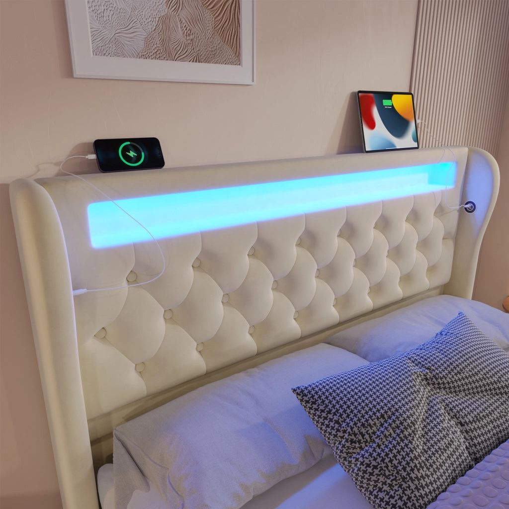 Letto Contenitore Matrimoniale Imbottito con LED ¨C MINIMAL ¨C Velluto Beige 140x190, Testiera USB, Idraulico