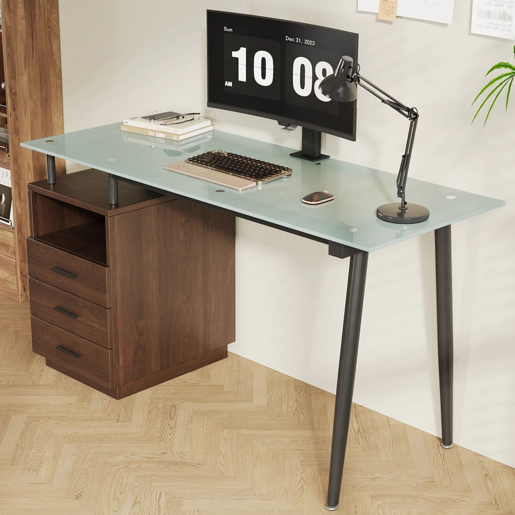 SCRIVANIA con 3 cassetti 130x50x75 cm Vetro e MDF Marrone