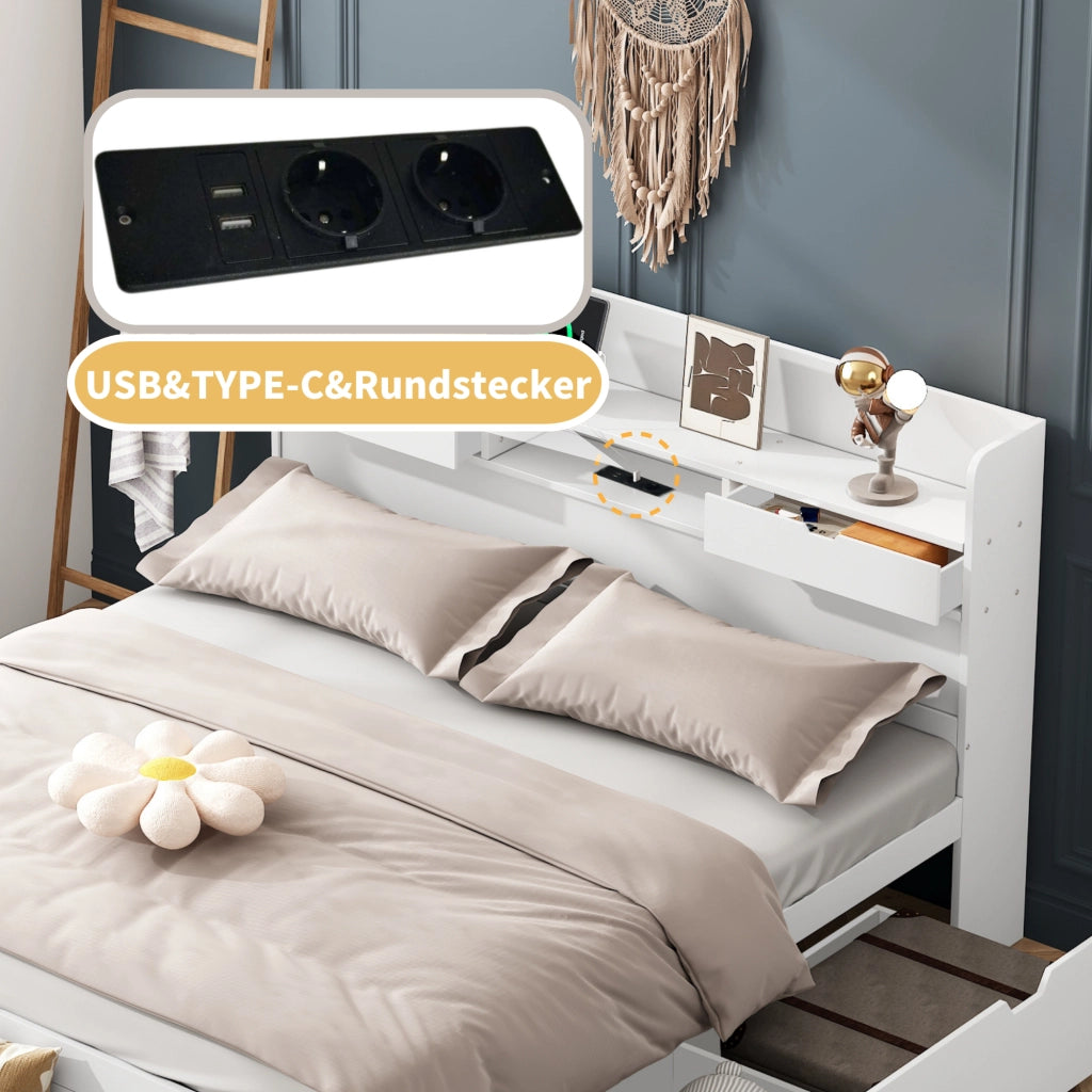 LETTO 160x200 cm Bianco con USB, Type-C e ampio spazio contenitore