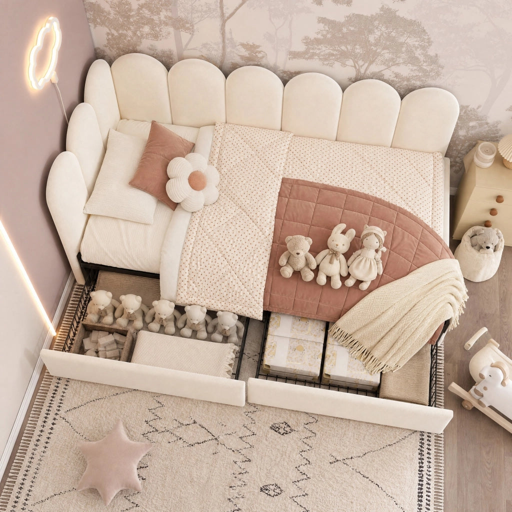 DESMIU Divano letto 90 × 190 cm 1 posto con 2 cassetti, senza materasso, in velluto, beige