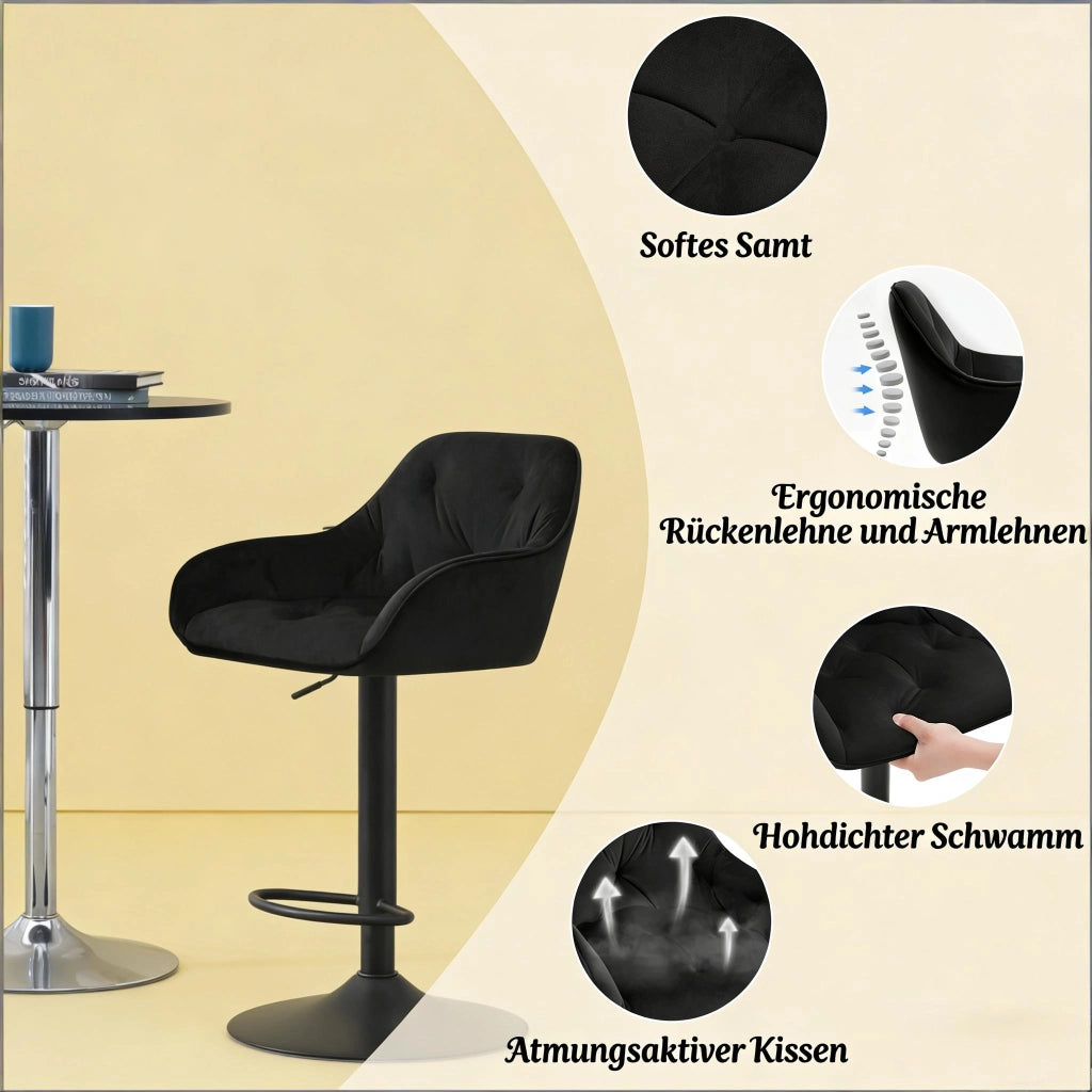 Sgabello bar regolabile girevole in velluto nero con schienale e braccioli, base in metallo