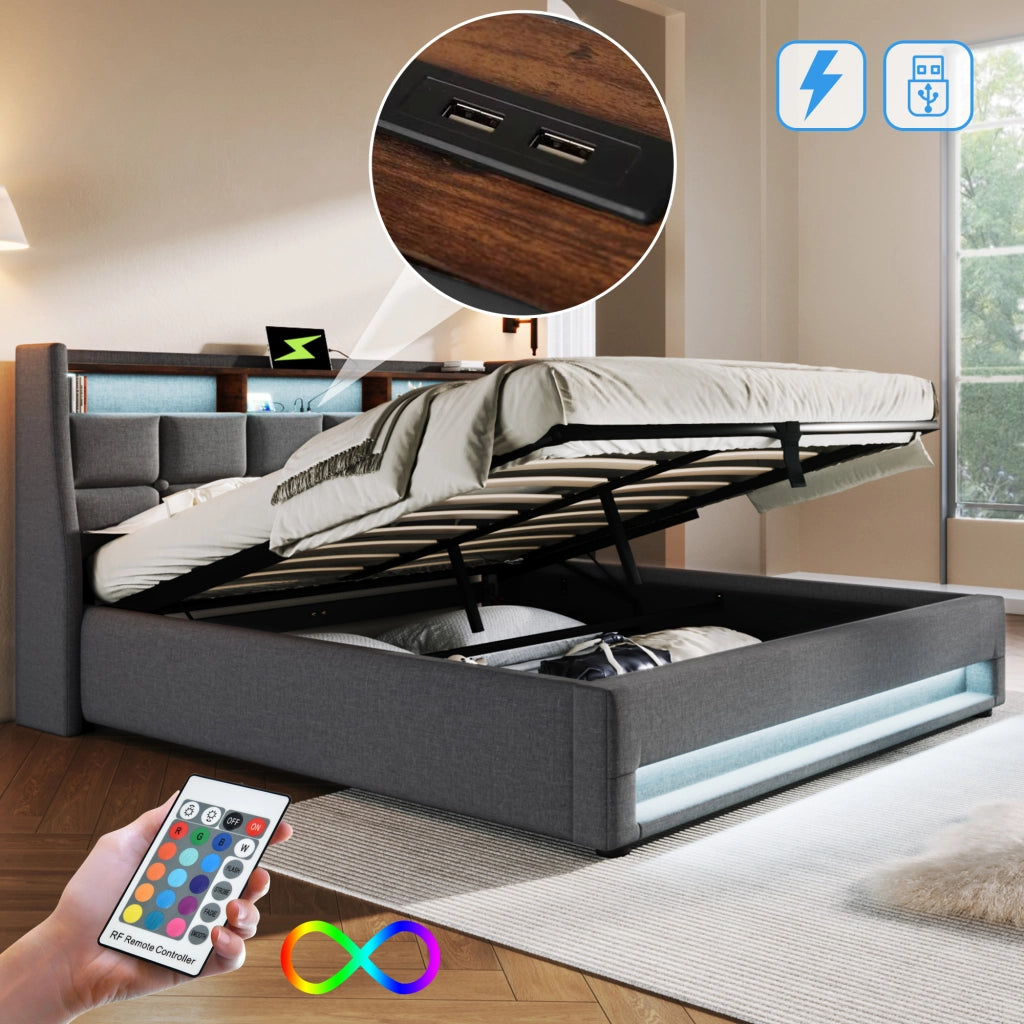 Letto matrimoniale contenitore 140×200 cm con LED; USB; testiera imbottita e materasso incluso; grigio