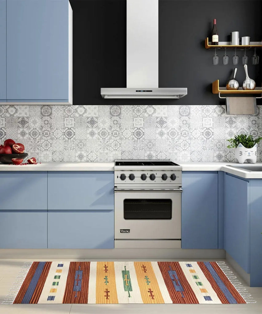 Tappeto KELIM 04 disegni etnici orientali colori vivaci cm.90x150 tessuto e frangia 100% cotone, lavabile in lavatrice