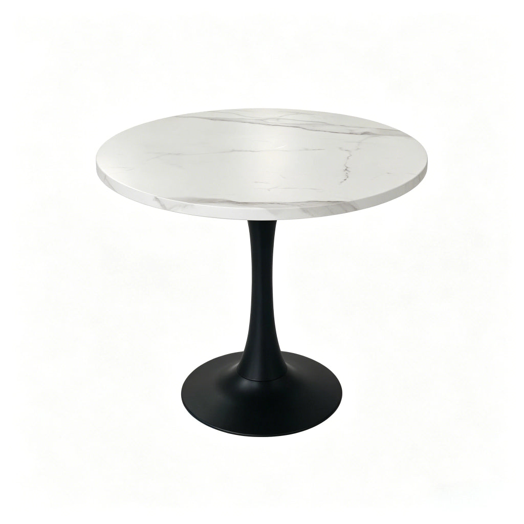 Tavolo rotondo moderno da 80 cm con piano effetto marmo bianco e base in metallo nero