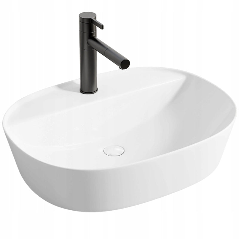 Lavabo da appoggio bianco con foro per rubinetto, ovale in ceramica, 50 x 38 cm