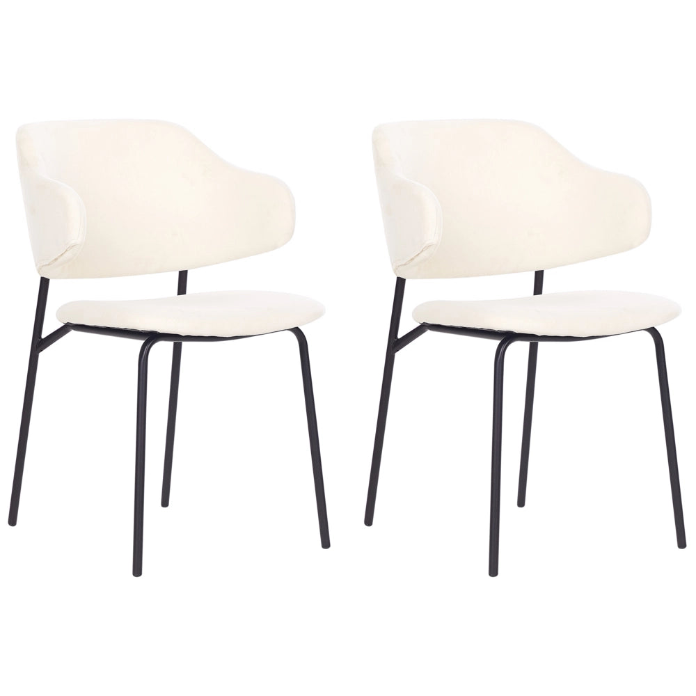 Set di 2 sedie da pranzo con sedile imbottito in tessuto crema senza braccioli e gambe nere beige chiaro stile moderno