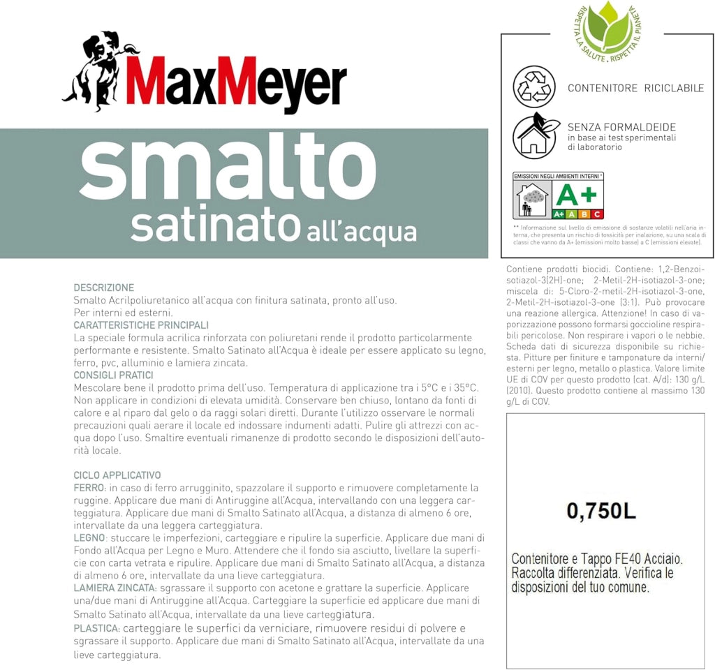 Smalto Satinato All'Acqua Poliuretanico, Colore Nero, 0.75L